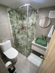 a bathroom with a shower and a toilet and a sink at Apartaestudio vacacional in Armenia