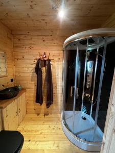 a bathroom with a tub in a wooden room at Tinyhaus auf dem Forsthof in Trinwillershagen