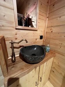 a bathroom with a black sink and a mirror at Tinyhaus auf dem Forsthof in Trinwillershagen