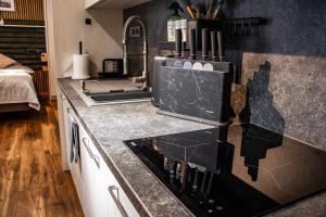 a kitchen with a stove and a counter top at Desimo Home in Piła +86 photos