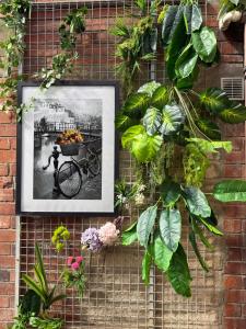 a picture hanging on a brick wall with plants at The Party Hub in Boston