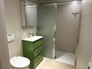 a bathroom with a shower and a toilet and a sink at Art Donna met zeezicht in Middelkerke +9 photos