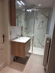 a bathroom with a sink and a shower at 't Ooievaarszicht in Veurne +18 photos