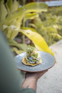 a person holding a plate with a food item on it at Tregua Bacalar in Bacalar