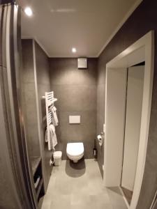 a small bathroom with a toilet and towels at Chez Martine et Jean-Marc in Tintigny