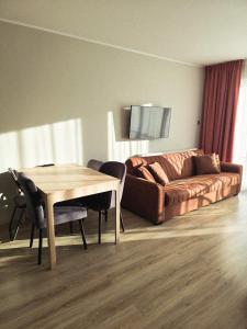 a living room with a couch and a table at Dominikana Apartament 41b in Sianozety