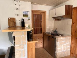 a kitchen with a counter and a sink and a stove at Haus Talruhe in Kurort Altenberg