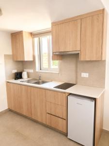 a kitchen with wooden cabinets and a sink and a dishwasher at Green Bay Suites in Protaras