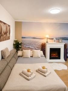 ein Wohnzimmer mit Sofa und Kamin in der Unterkunft Ferienwohnung Lakeside in Heiligenhafen