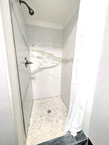 a shower with a glass door in a bathroom at BlissPoint Inn Muncie in Muncie
