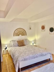 ein Schlafzimmer mit einem großen Bett in einem Zimmer in der Unterkunft Le Cocon Central avec Balnéo in Roanne