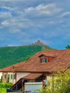 a house with a roof with a mountain in the background at Cestlavie in Mtskheta