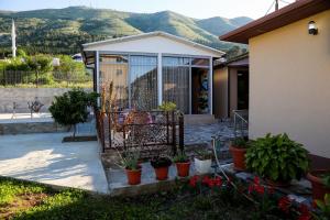a house with a porch with potted plants at Lake Bliss Cabins in Shkodër +22 photos