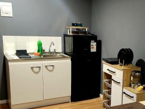 a kitchen with a black refrigerator and a sink at Tiny House Sublime in Trinidad