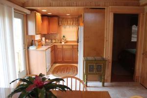 a kitchen with wooden cabinets and a table with a plant at Sebago Waterfront Escape with Private Dock in Windham +9 photos