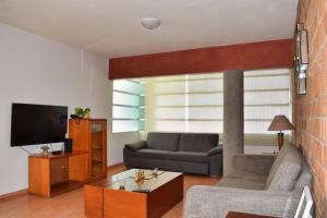 a living room with a couch and a tv at Valentin House, very spacious and cozy. in San Luis Potosí