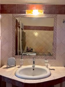 a bathroom sink with a large mirror above it at Krithia Apartment with Garden Family Apartment in Krithiá +18 photos
