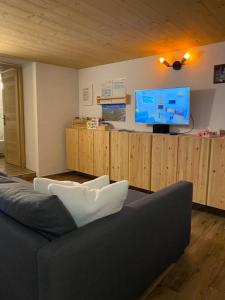 a living room with a couch and a flat screen tv at Baita Bea&Benny in Carona