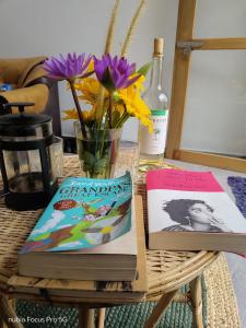 two books on a table with flowers and a bottle at Galactic Glow Villa & Resort in Deniyaya