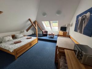 a room with a bed and a tv in it at Penzion U Peňázů in Tři Studně