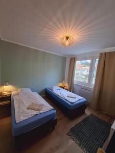 a bedroom with two beds and a chandelier at Lua Beleza - 4 Bett Apartment Geiseltalsee in Mücheln
