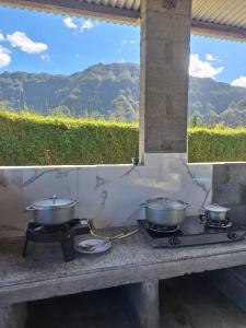 two pots on a stove with a view of mountains at Villa Goyavier in La Plaine des Palmistes