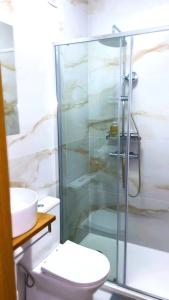 a bathroom with a shower and a toilet and a sink at Vista Central Amadora in Amadora +11 photos