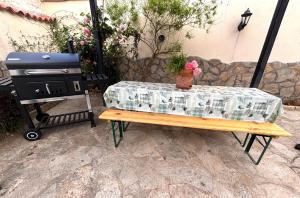 a picnic table with a grill and a flower pot on it at Casa Rural Villa Ribatejada in Ribatejada