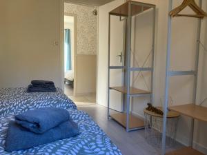 a bedroom with a blue bed and a glass closet at La Maison de Miel in Beynat
