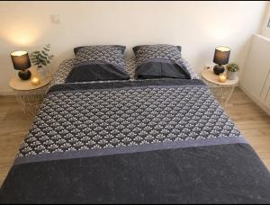a bedroom with a large bed and two tables with lamps at Nuit étoilée - Dormir Comme A La Maison in Saint-Julien-de-Vouvantes