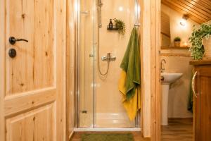 a shower with a glass door in a bathroom at Leśne Zacisze in Iława