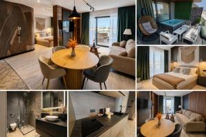 a collage of different pictures of a living room at Superior Jacuzzi Apartment Sea Side Terrace in Eforie Nord