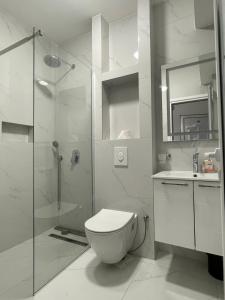 a white bathroom with a toilet and a shower at Apartments Ali in Ulcinj