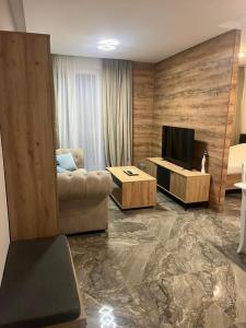 a living room with a couch and a television at Apartmani Vukotić in Budva