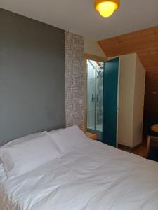 a bedroom with a white bed and a blue door at Soleil Bleu in Saint-Racho
