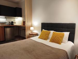 a bedroom with a large bed with two yellow pillows at Studio à la VILLA VOLTAIRE in Clamart