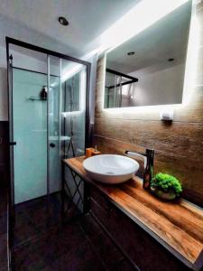 a bathroom with a sink and a mirror at Hegyi Kuckó Vendégház - Forest Hideaway with Jacuzzi in Biatorbágy