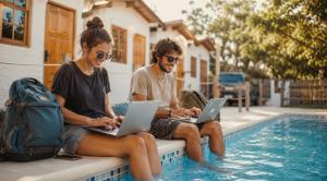 two people sitting next to a swimming pool with their laptops at Palomino Sunrise in Palomino +57 photos