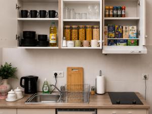 a kitchen counter with a sink and some cabinets at Peaceful & Cozy Apartment in Dresden
