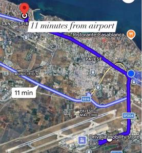 a map of the kilometres from airport at La Casa del Pescatore n 33 - porto di St Spirito Bari in Bari