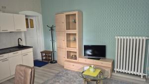 a living room with a tv and a table at Villa Charlotte in Bad Liebenstein