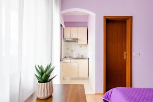 a room with a table with a plant on it at Apartments Mara near Split Airport in Kastel Stafilic +4 photos