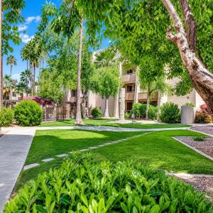 a park with trees and grass and a building at Relaxing Condo with Parking - Minutes to Old Town! in Scottsdale