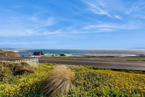 a road with a field of flowers next to the ocean at Sunset Escape in Bodega Bay