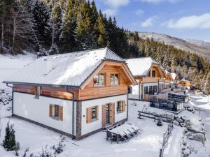 a log home in the snow in the mountains at Haus am Wald in Donnersbachwald