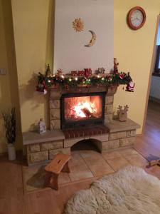 - un salon avec une cheminée et des décorations de Noël dans l'établissement Vila Marko, à Nová Lesná