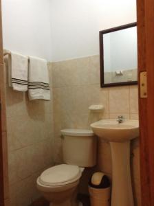 y baño con aseo, lavabo y espejo. en Hostal La Estancia, en Ica