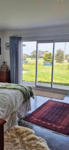 a bedroom with a bed and a large window at Ginrosa B and B accommodation in Featherston
