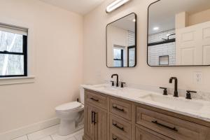 a bathroom with a sink and a toilet and a mirror at Secluded Architectural A-Frame w/ Soaring Windows & Fire Pit in South Haven +18 photos