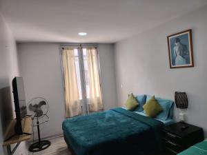 a bedroom with a blue bed and a television at hostal mancora in Santiago +42 photos